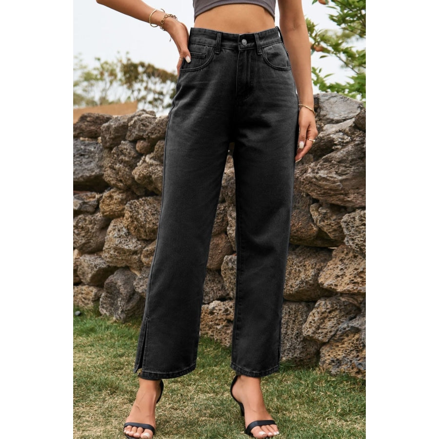 High Waist Loose Fit Ankle Slit Jeans Dark / S