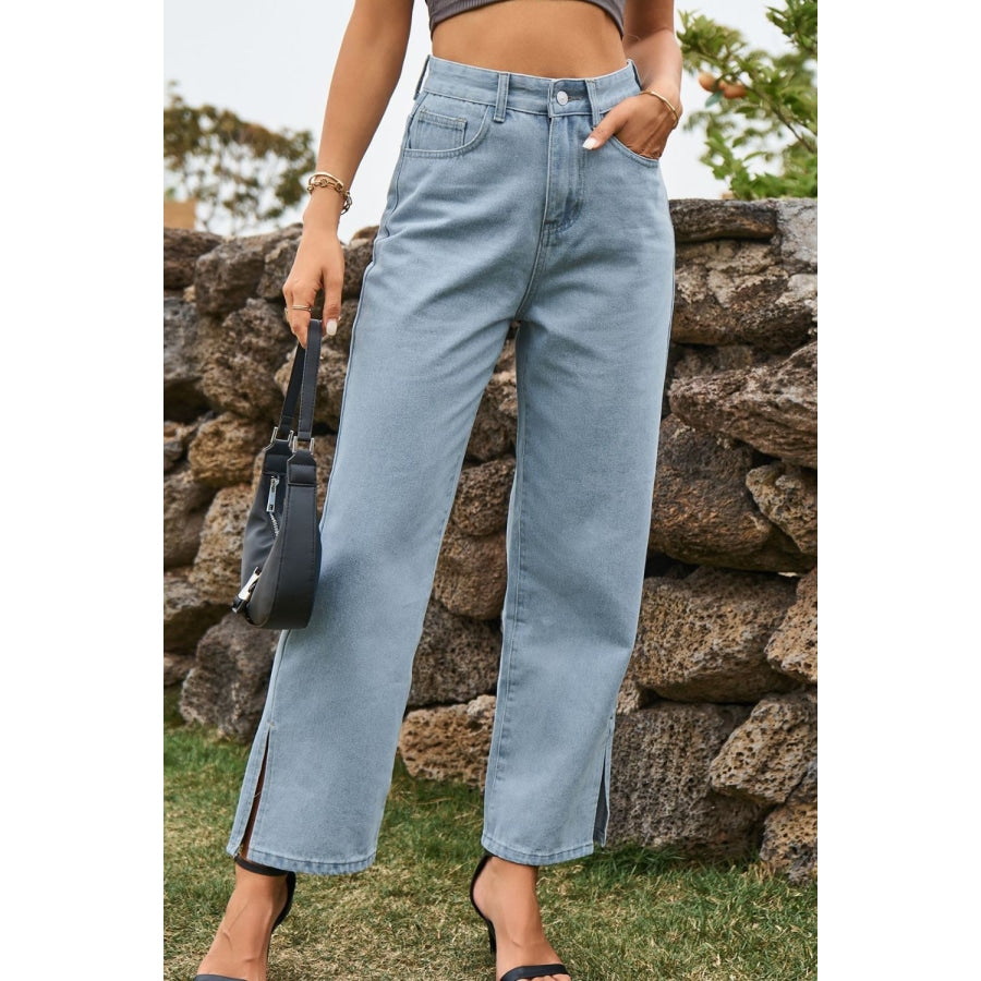 High Waist Loose Fit Ankle Slit Jeans Light / S