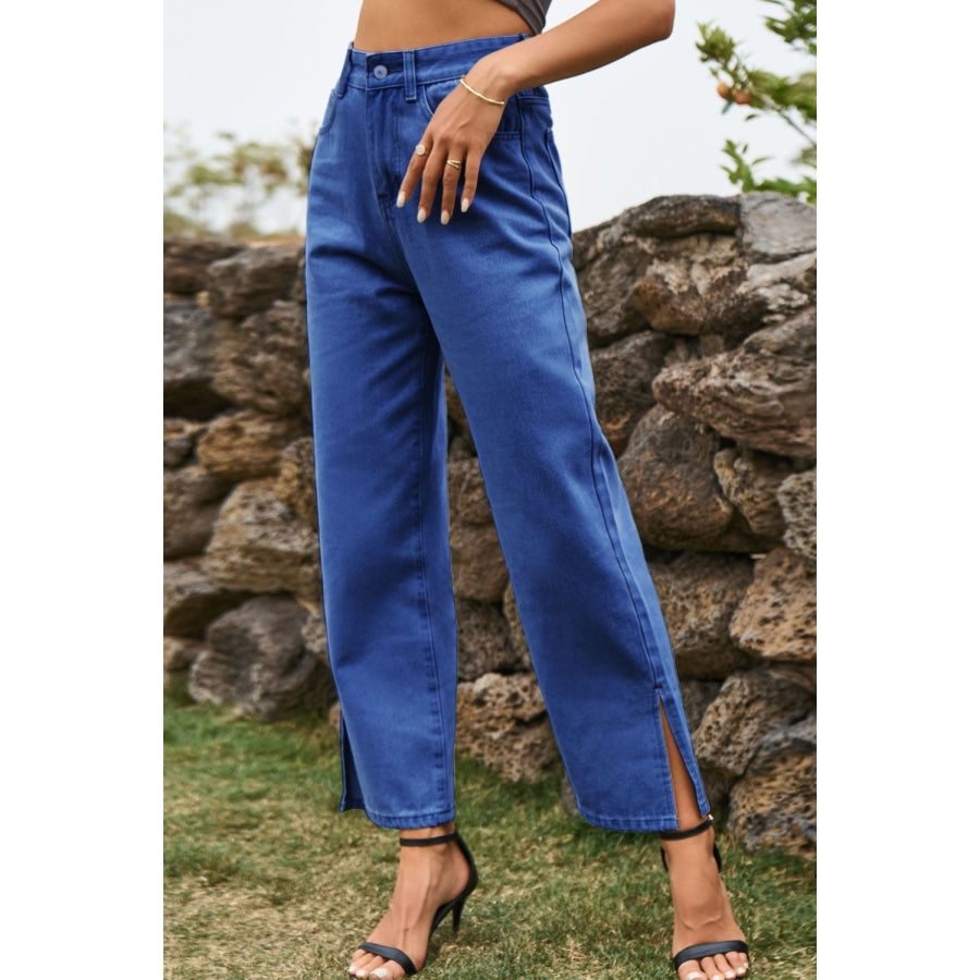 High Waist Loose Fit Ankle Slit Jeans