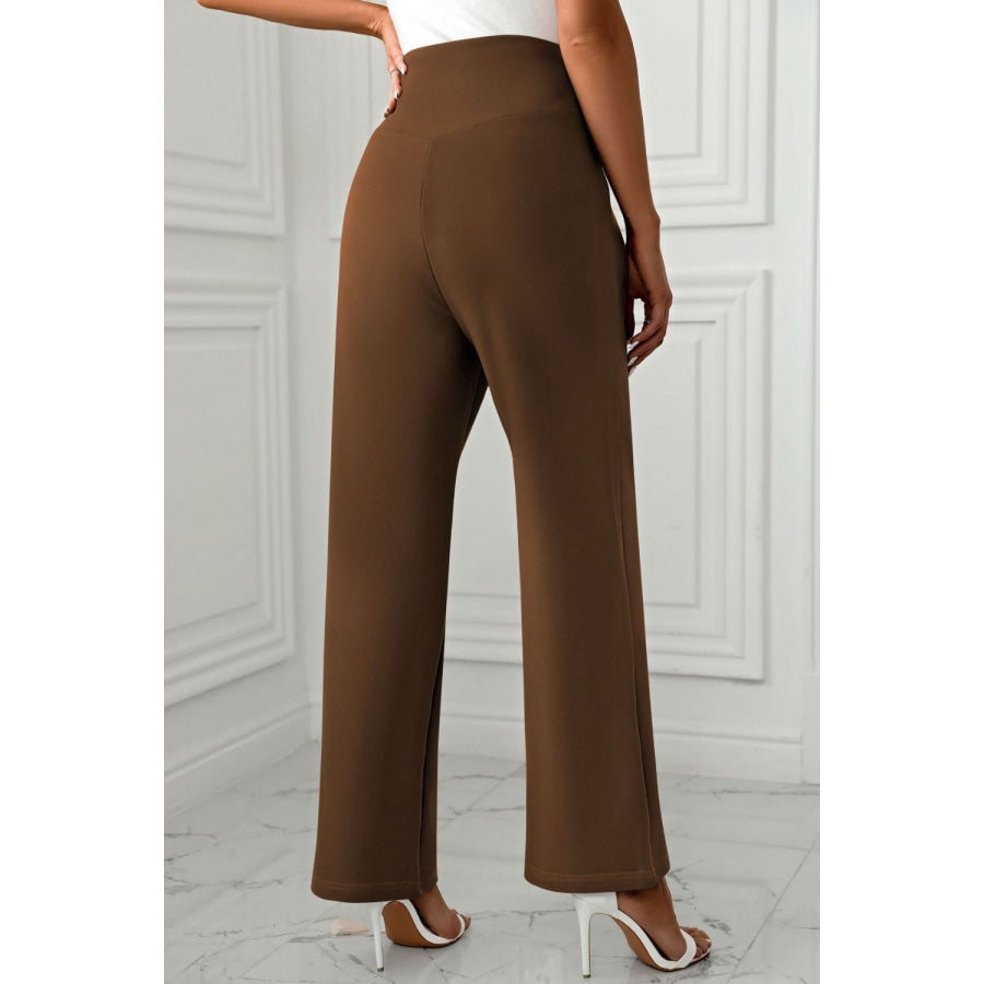 High Waist Pants with Pockets Brown / S Apparel and Accessories