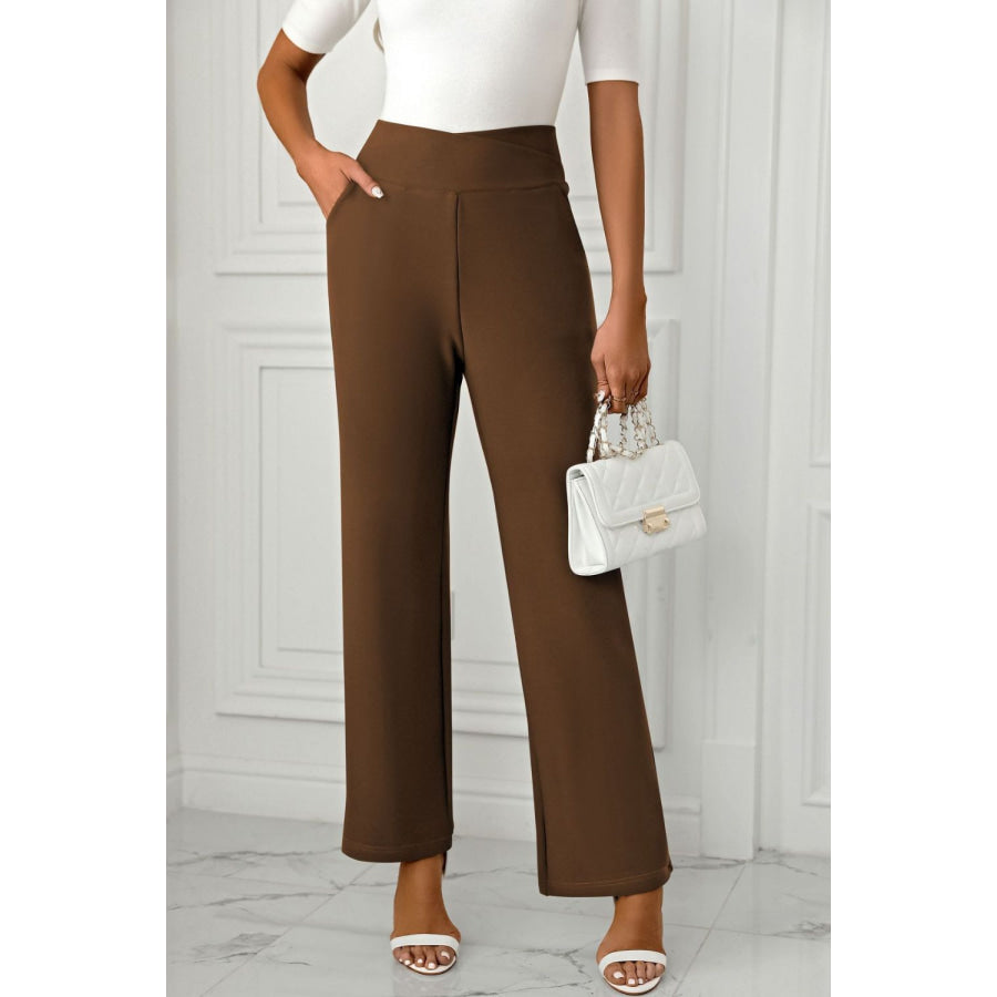High Waist Pants with Pockets Brown / S Apparel and Accessories
