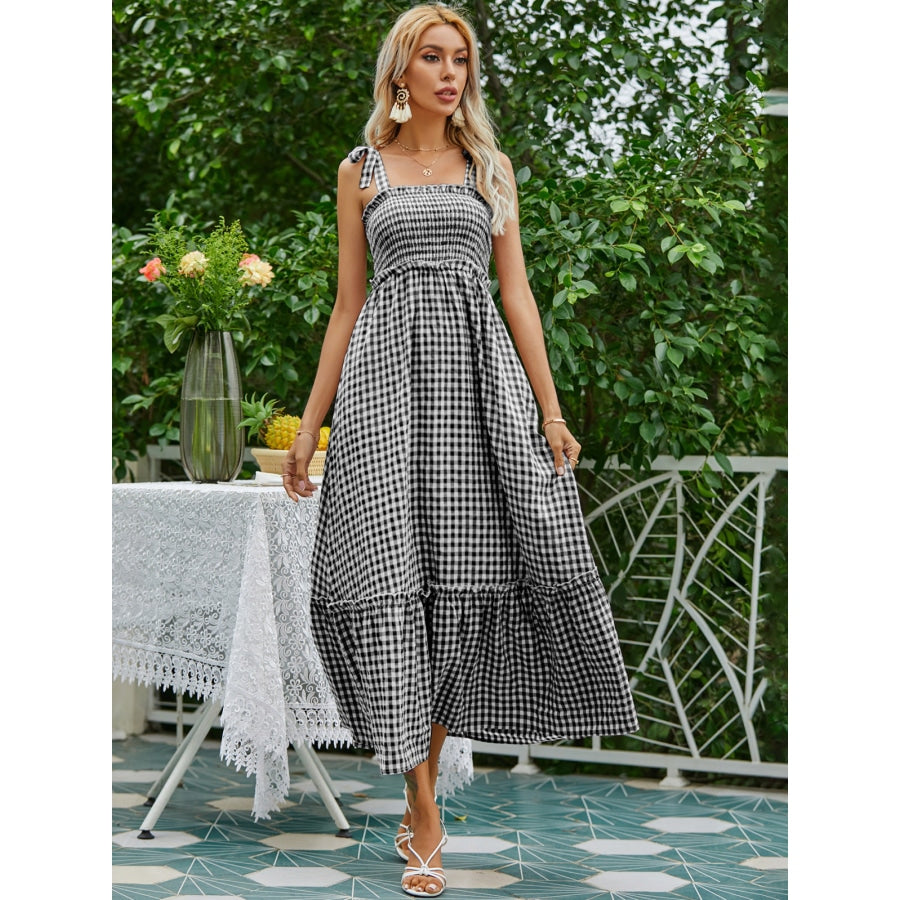 High Waist Plaid Cami Shirred Dress Black / XS Maxi Dresses