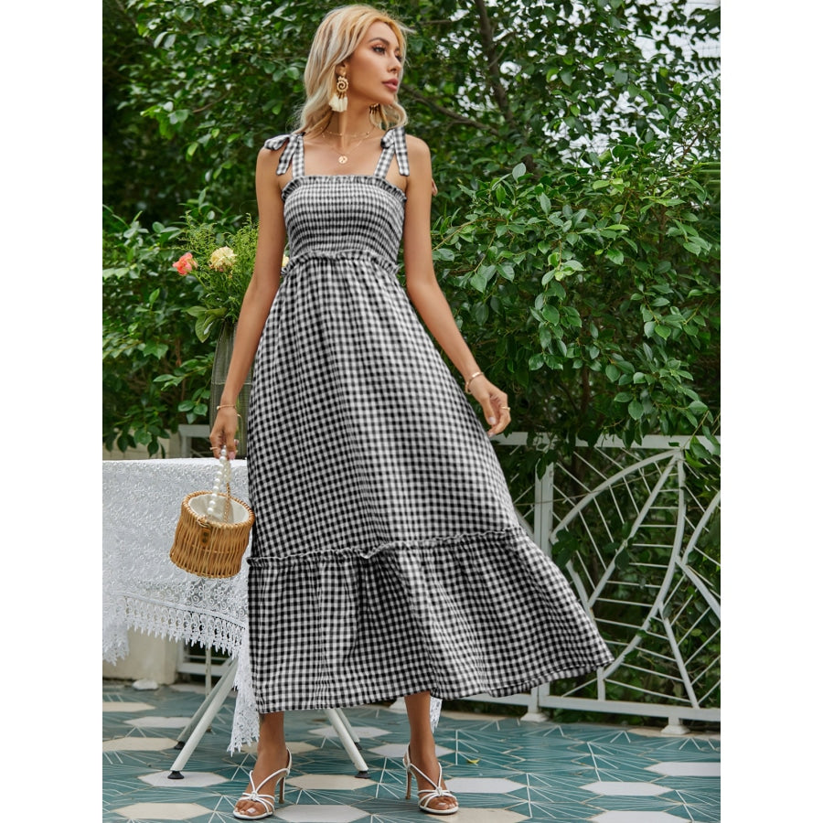 High Waist Plaid Cami Shirred Dress Maxi Dresses