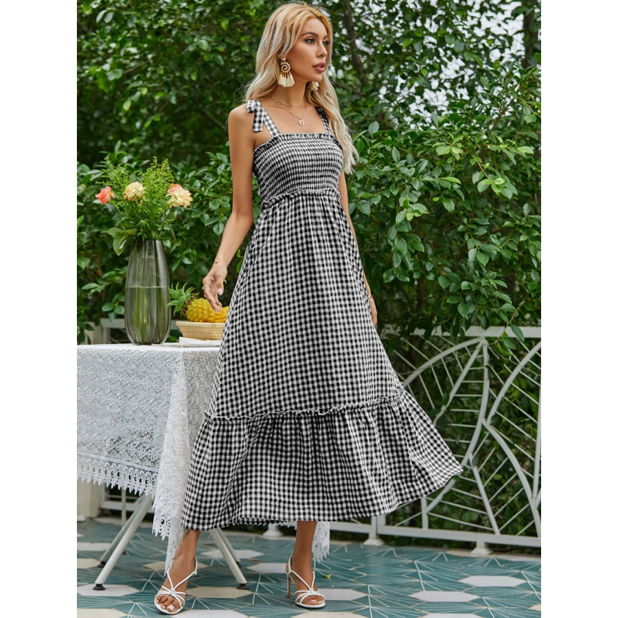 High Waist Plaid Cami Shirred Dress Maxi Dresses