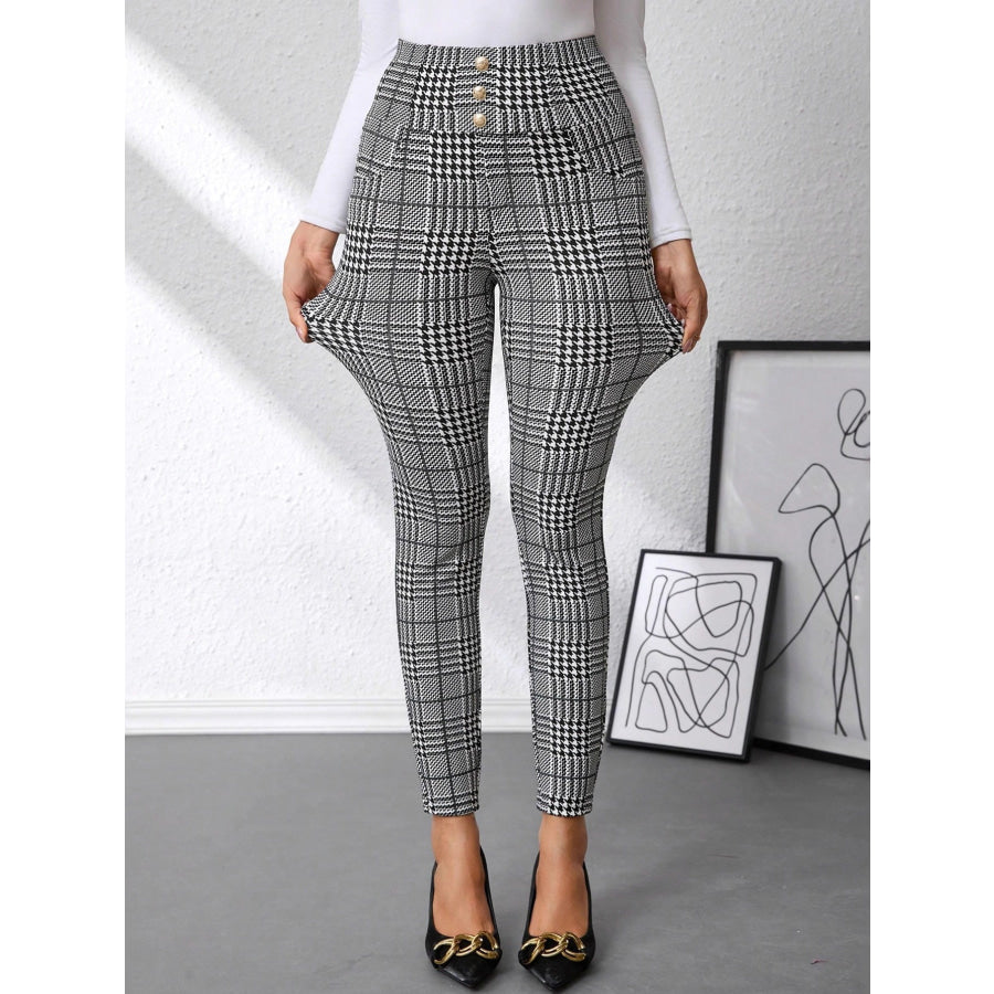 High Waist Plaid Slim Fit Pants Black Gray / S Apparel and Accessories