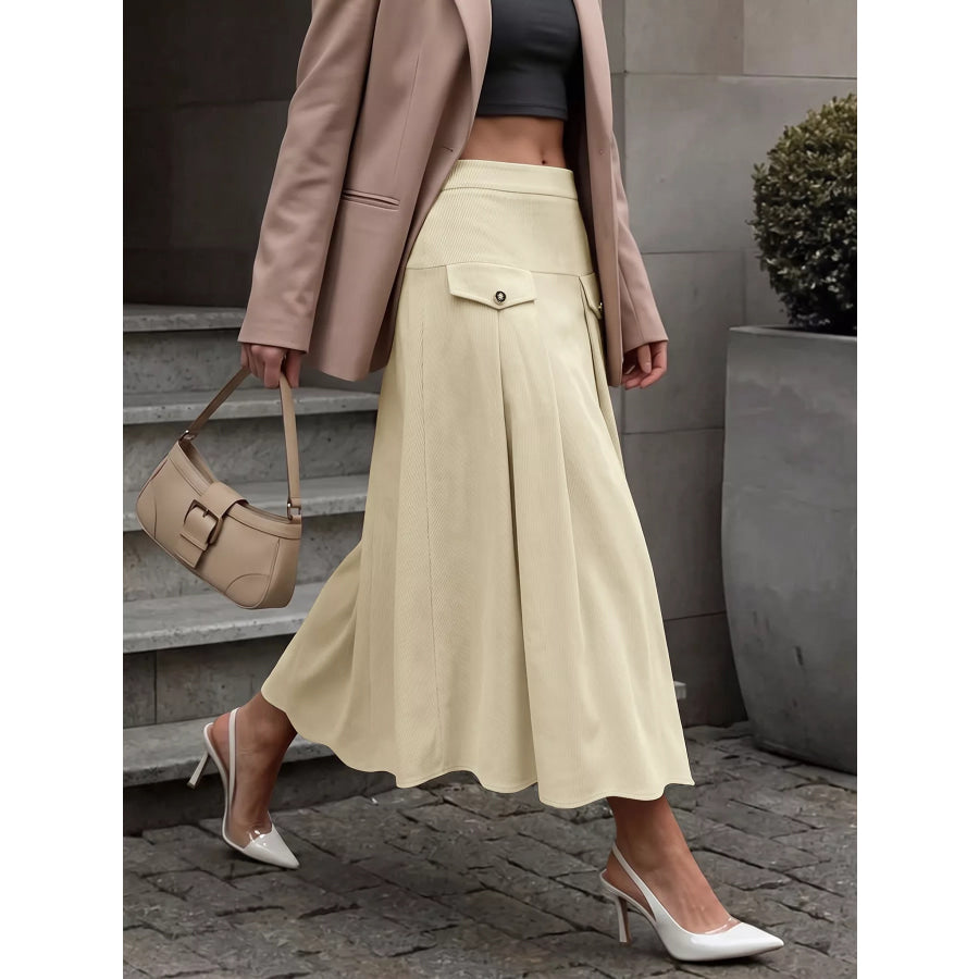 High Waist Pleated Midi Skirt Khaki / S Apparel and Accessories