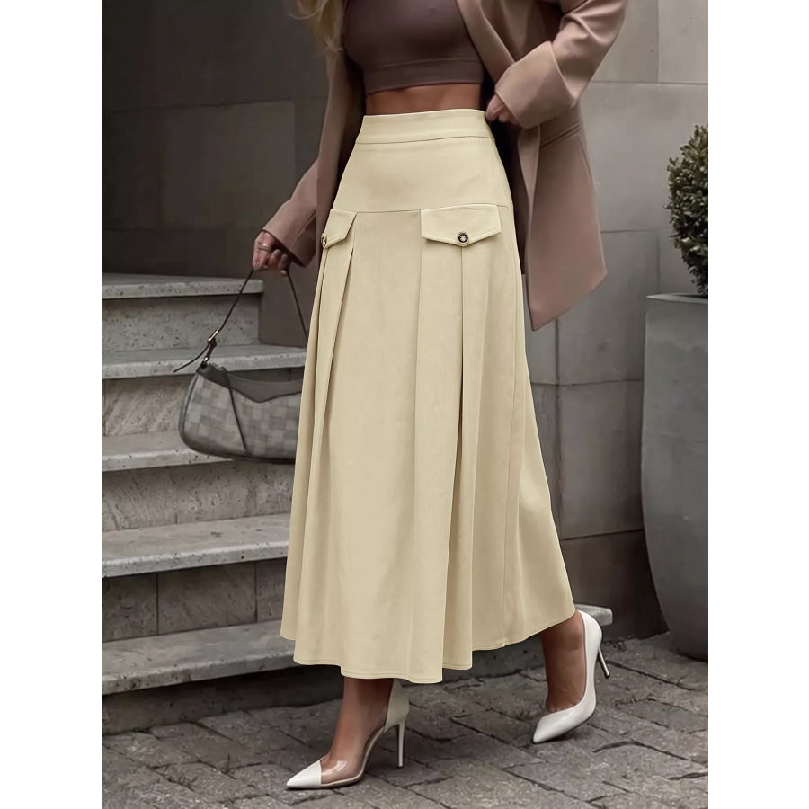 High Waist Pleated Midi Skirt Khaki / S Apparel and Accessories