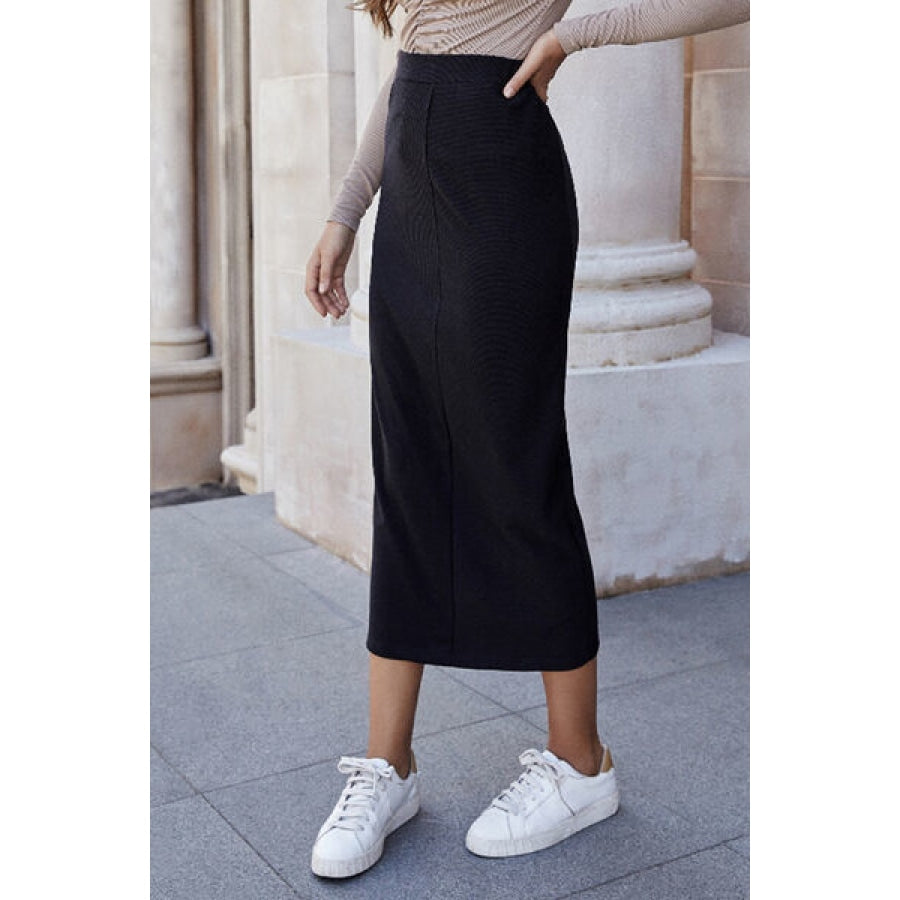 High Waist Pull-On Midi Skirt Black / S Clothing