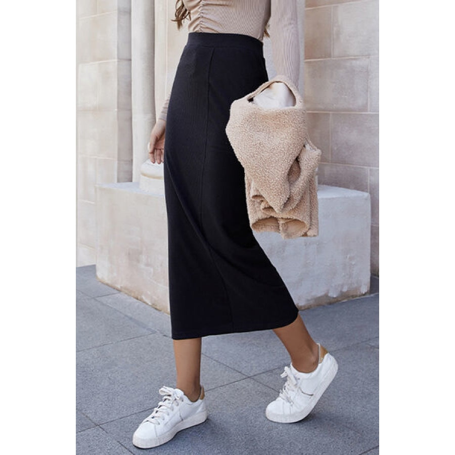 High Waist Pull-On Midi Skirt Black / S Clothing