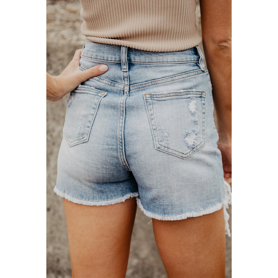 High Waist Raw Hem Denim Shorts Apparel and Accessories