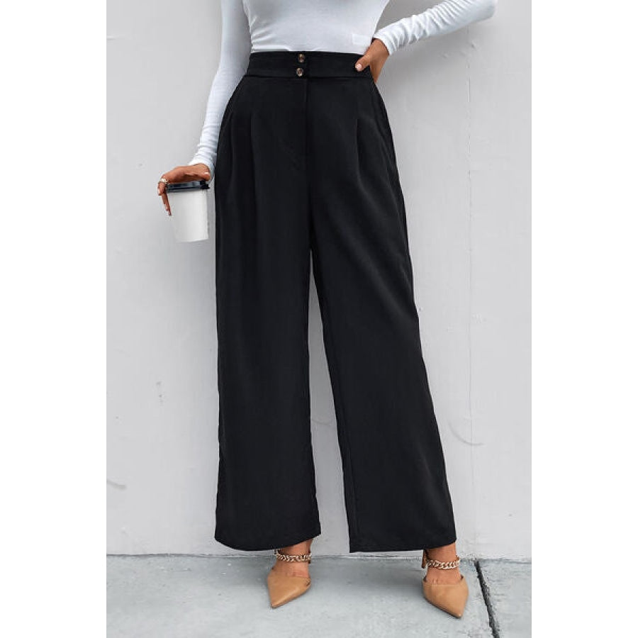 High Waist Ruched Pocketed Wide Leg Pants Black / S Clothing