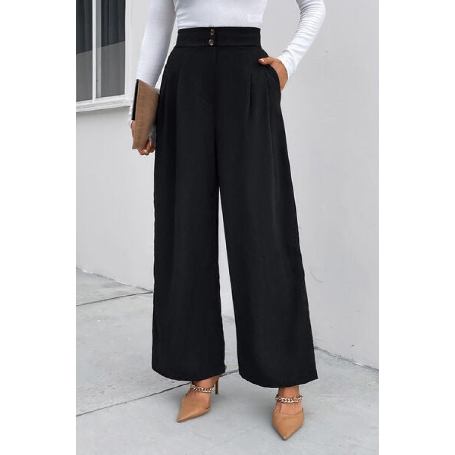 High Waist Ruched Pocketed Wide Leg Pants Clothing