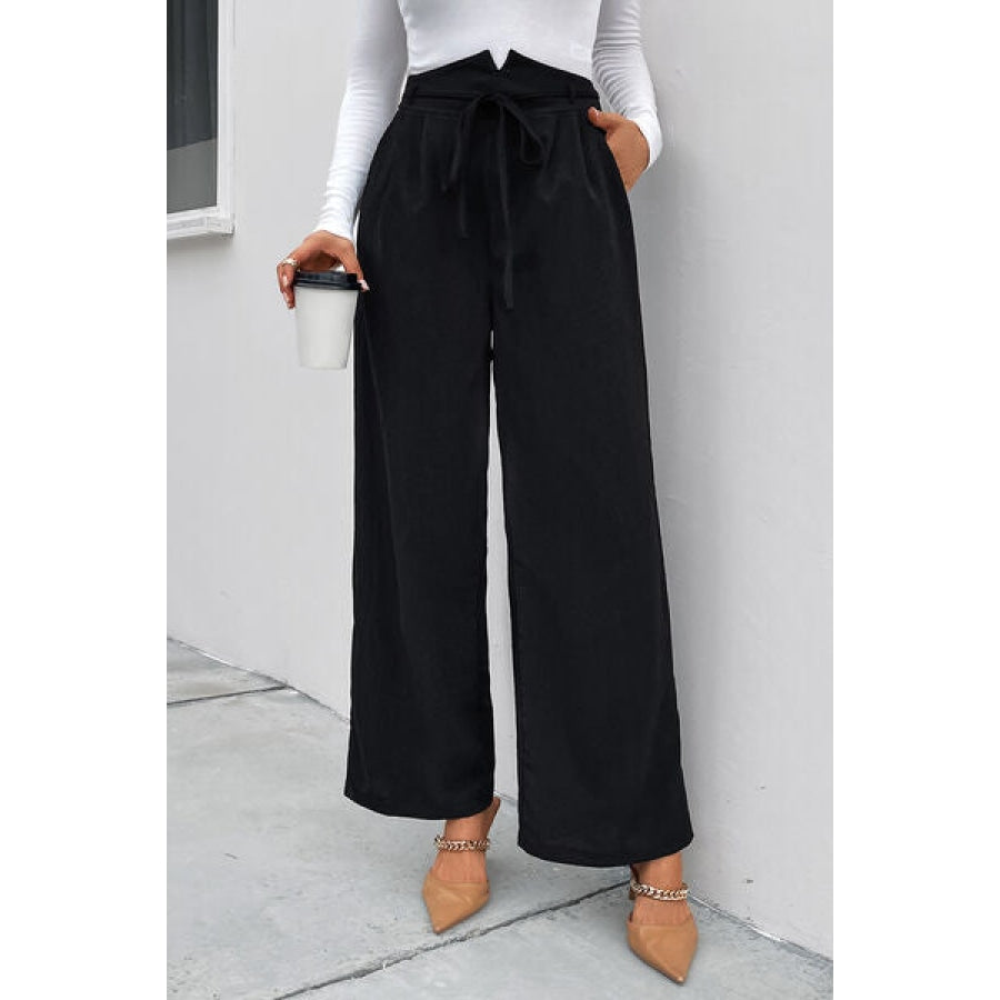 High Waist Ruched Tie Front Wide Leg Pants Black / S Clothing