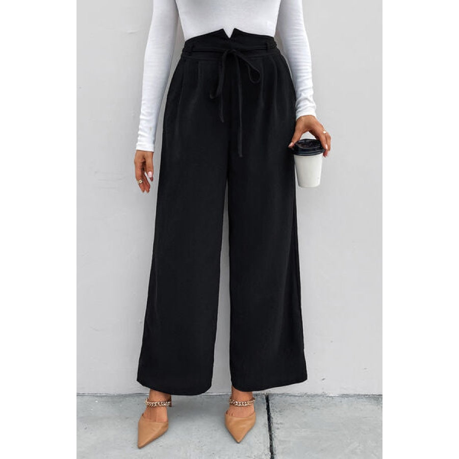 High Waist Ruched Tie Front Wide Leg Pants Clothing