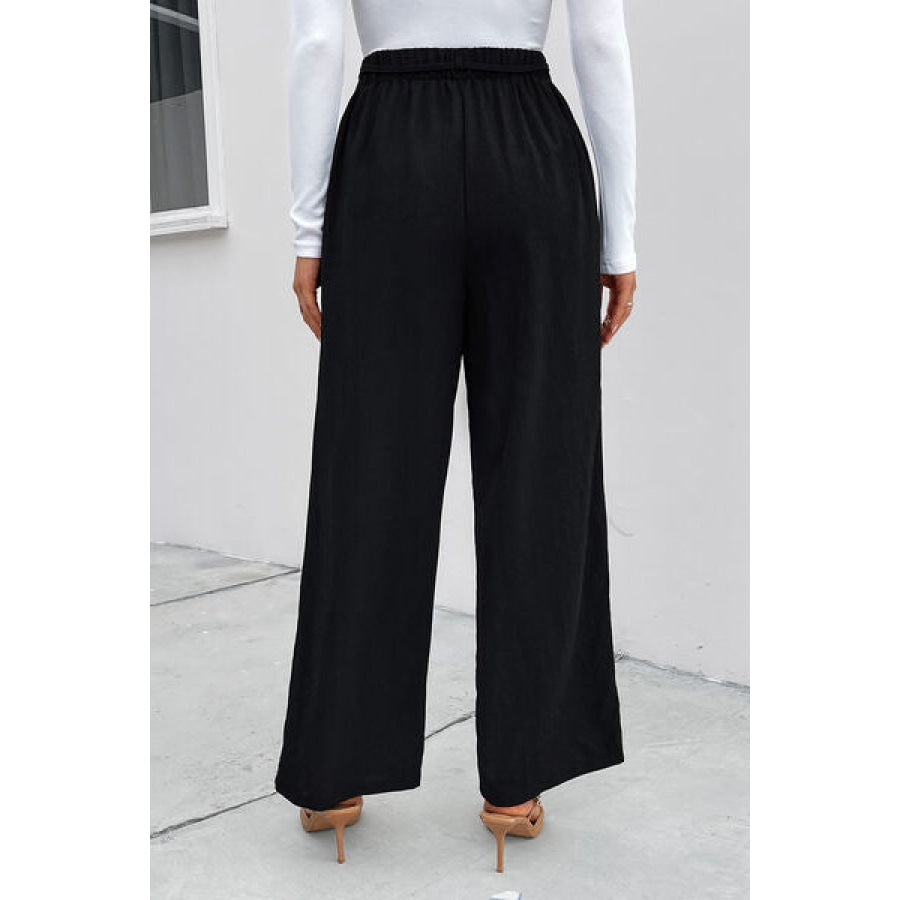 High Waist Ruched Tie Front Wide Leg Pants Clothing