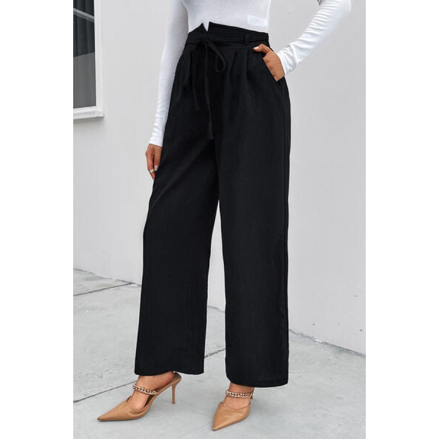 High Waist Ruched Tie Front Wide Leg Pants Clothing