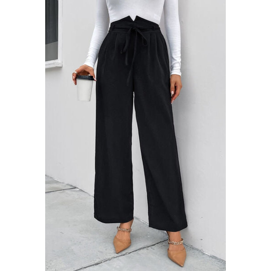 High Waist Ruched Tie Front Wide Leg Pants Clothing