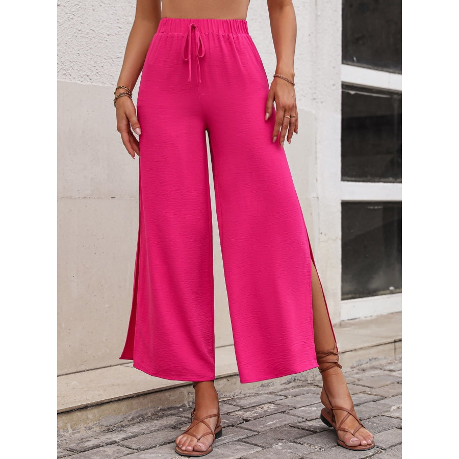 High Waist Slit Wide Leg Pants Hot Pink / S