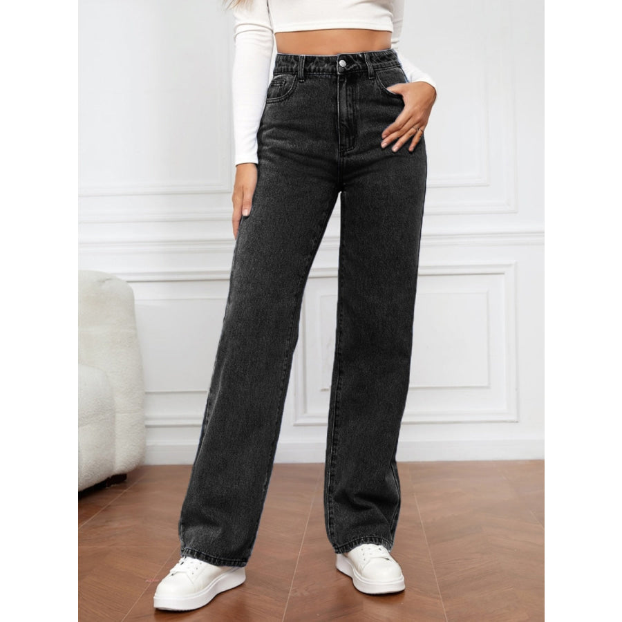 High Waist Straight Jeans Black / S Apparel and Accessories