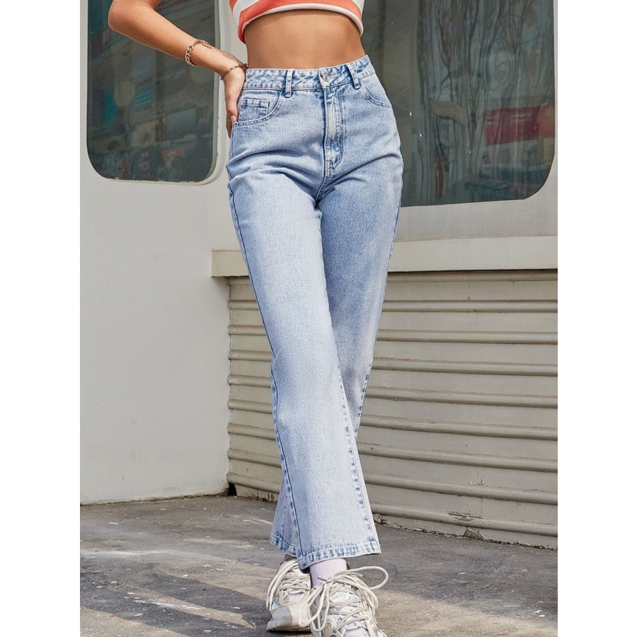 High Waist Straight Jeans with Pockets Apparel and Accessories