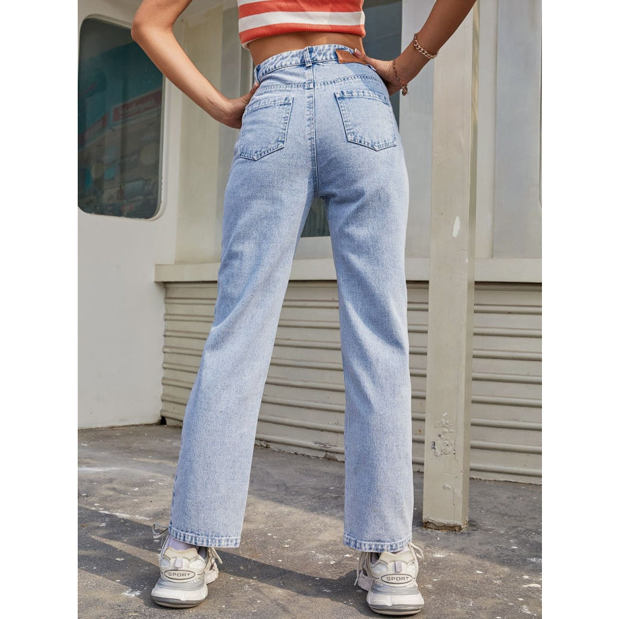 High Waist Straight Jeans with Pockets Apparel and Accessories