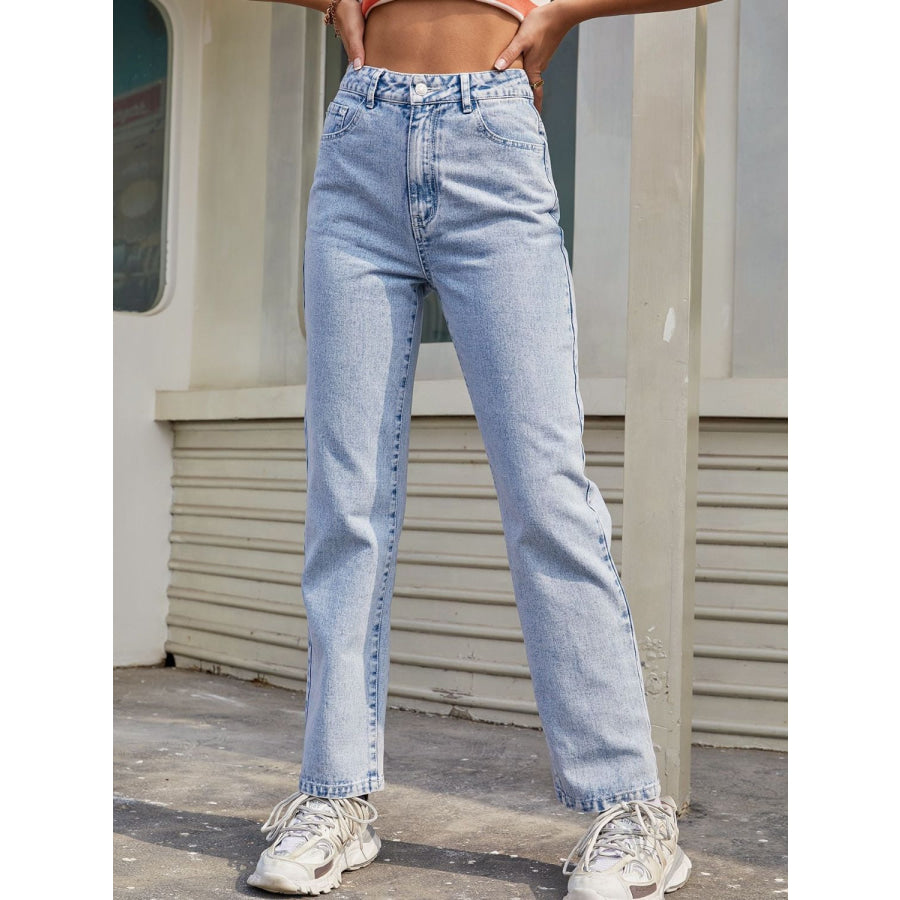 High Waist Straight Jeans with Pockets Apparel and Accessories