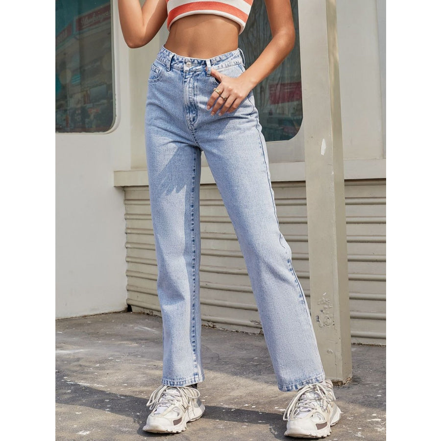 High Waist Straight Jeans with Pockets Apparel and Accessories