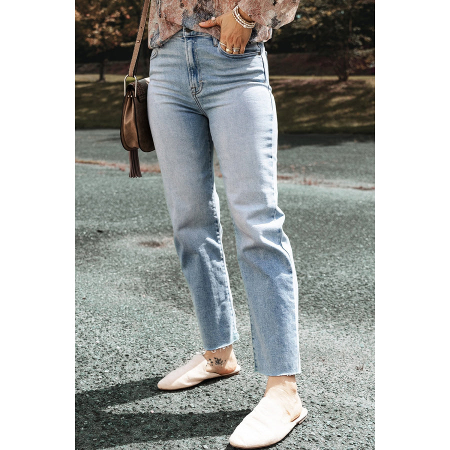 High Waist Straight Jeans with Pockets Apparel and Accessories