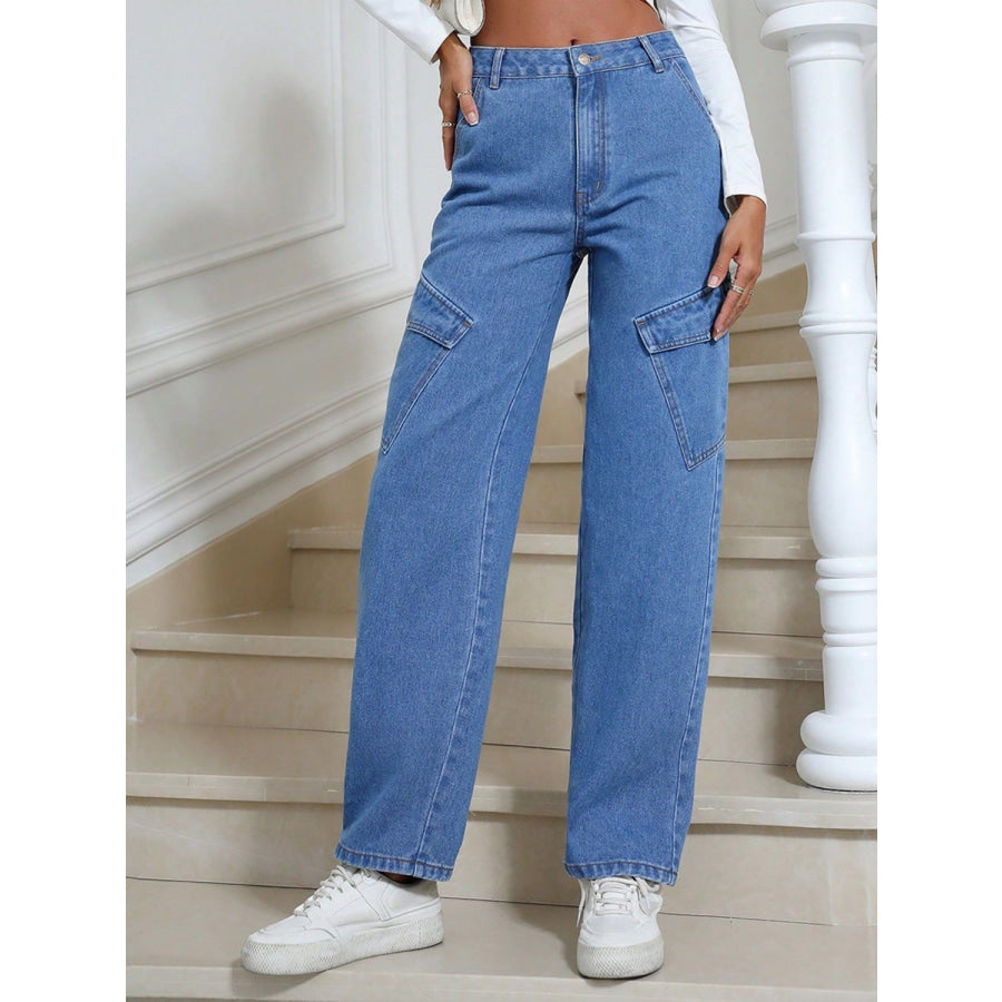 High Waist Straight Leg Jeans with Pockets Apparel and Accessories