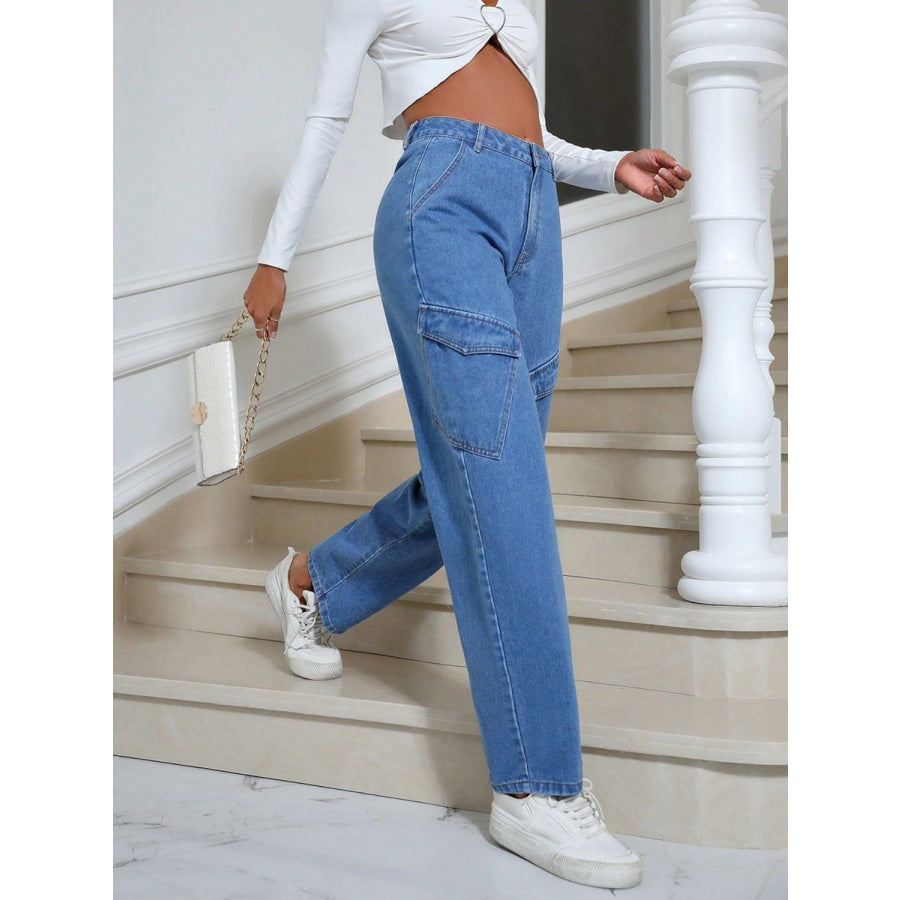 High Waist Straight Leg Jeans with Pockets Apparel and Accessories