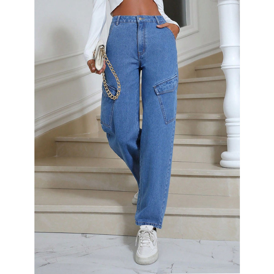 High Waist Straight Leg Jeans with Pockets Apparel and Accessories