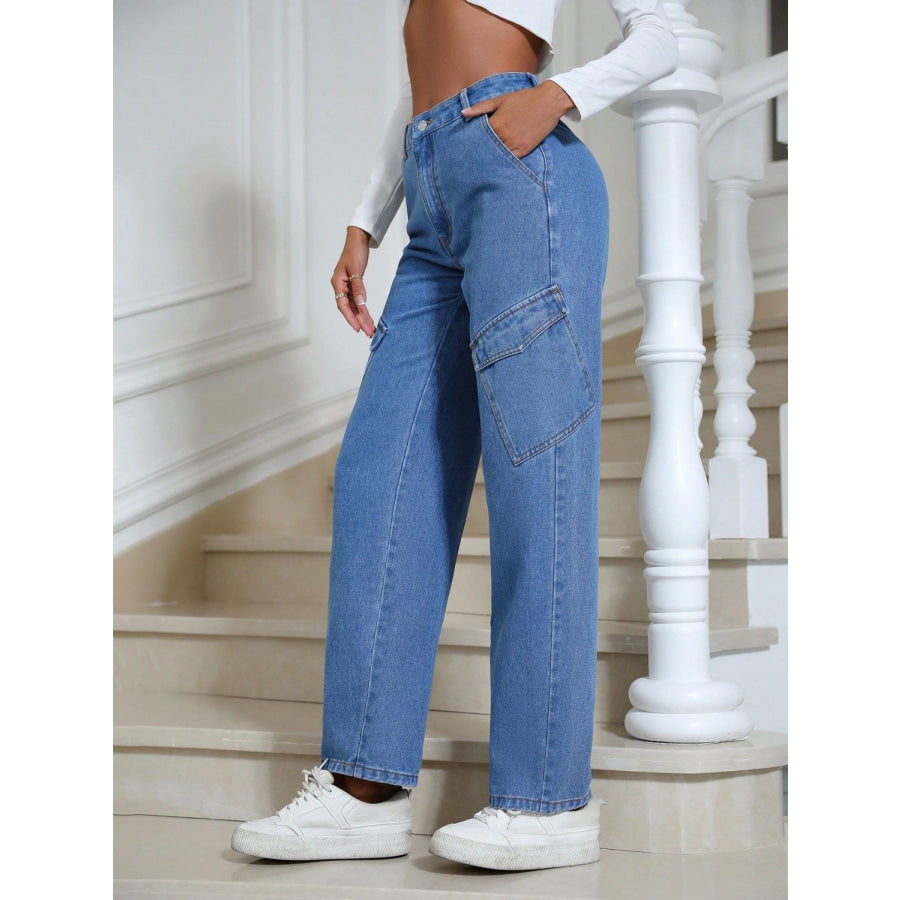 High Waist Straight Leg Jeans with Pockets Apparel and Accessories