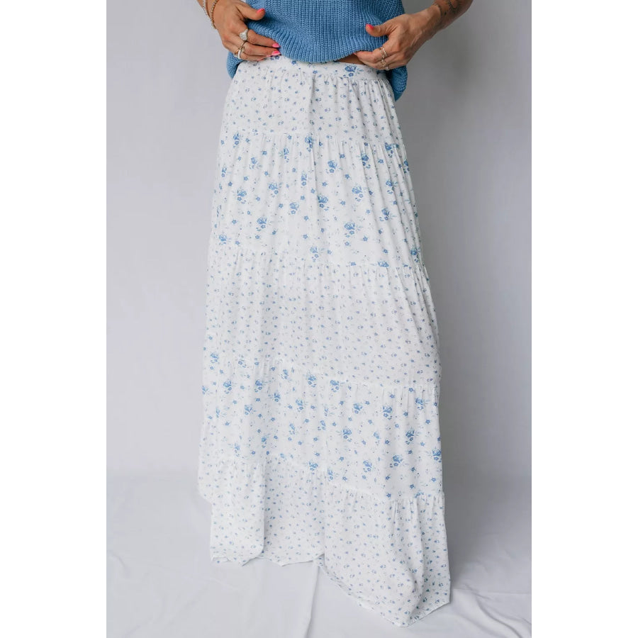High Waist Tiny Floral Print Boho Maxi Skirt White / S Apparel and Accessories
