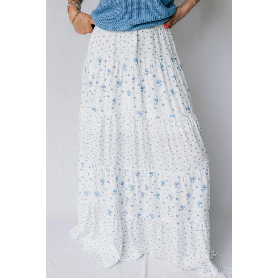 High Waist Tiny Floral Print Boho Maxi Skirt White / S Apparel and Accessories