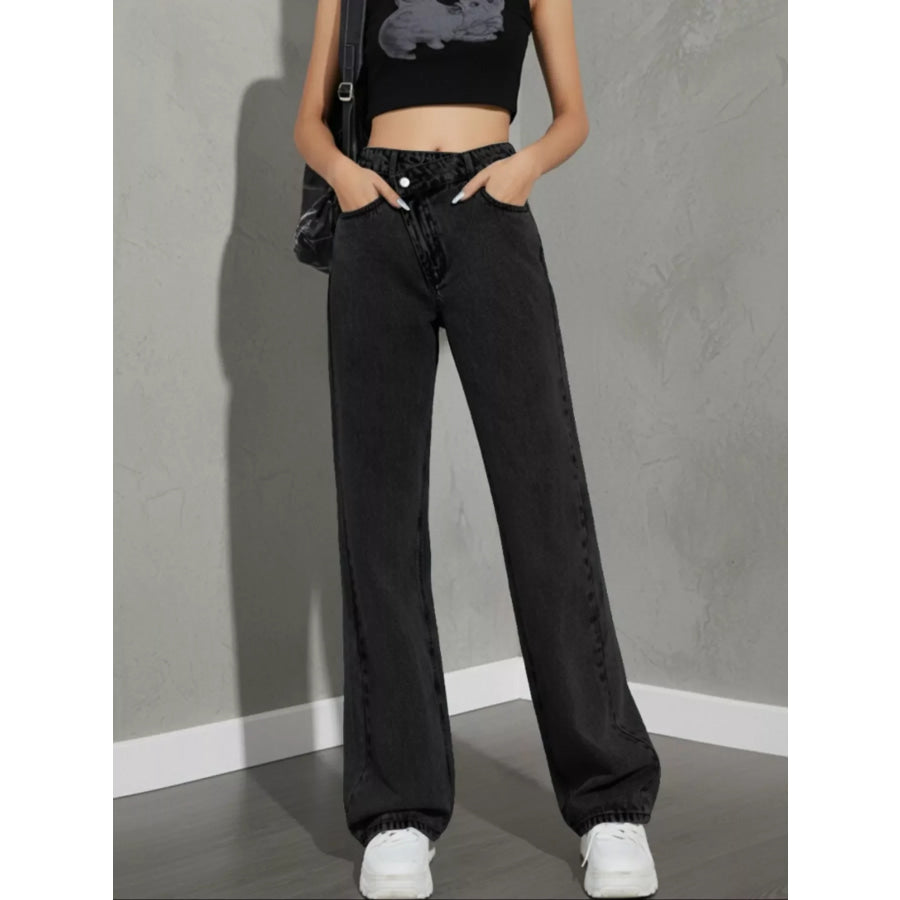 High Waist Wide Leg Jeans Black / XS Apparel and Accessories