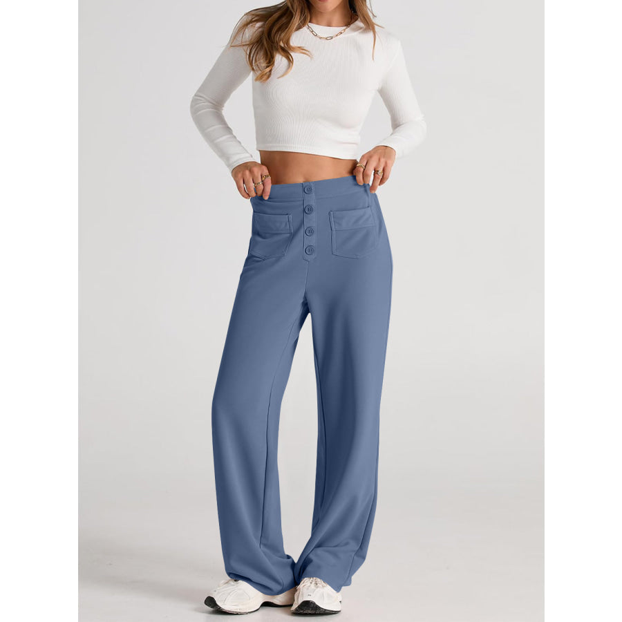 High Waist Wide Leg Pants Dusty Blue / S Apparel and Accessories