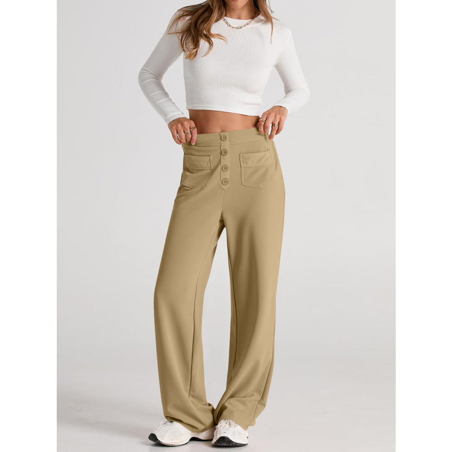 High Waist Wide Leg Pants Khaki / S Apparel and Accessories