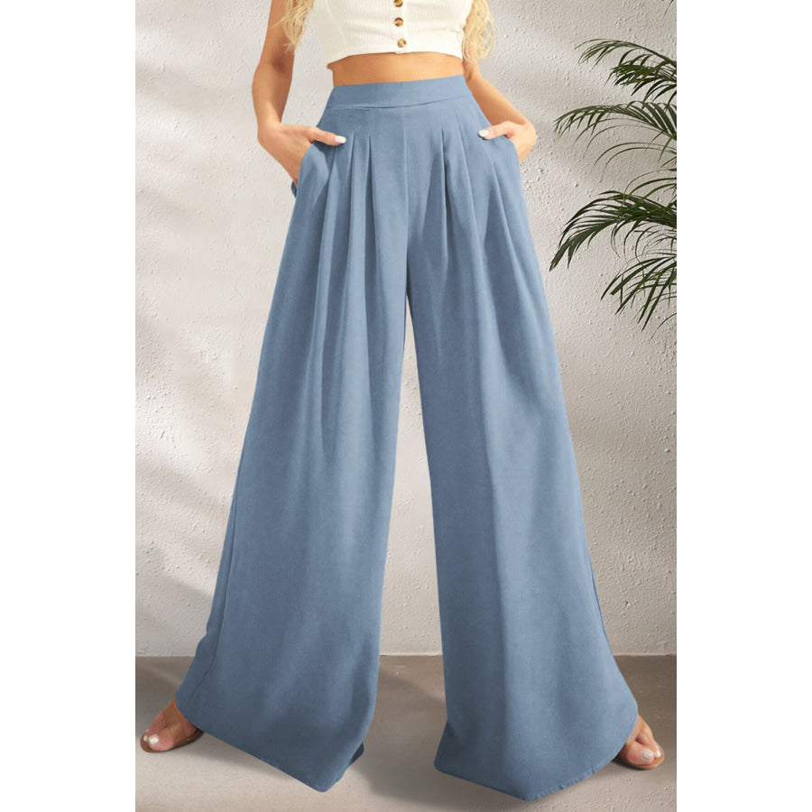 High Waist Wide Leg Pants Misty Blue / S Apparel and Accessories