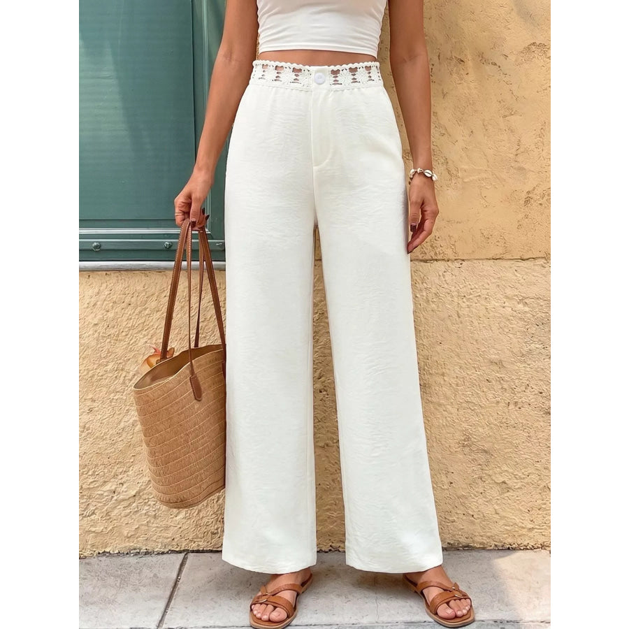 High Waist Wide Leg Pants with Crochet Trim Apparel and Accessories