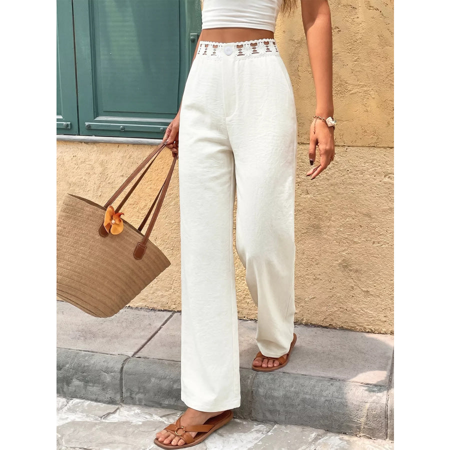 High Waist Wide Leg Pants with Crochet Trim Off-white / S Apparel and Accessories