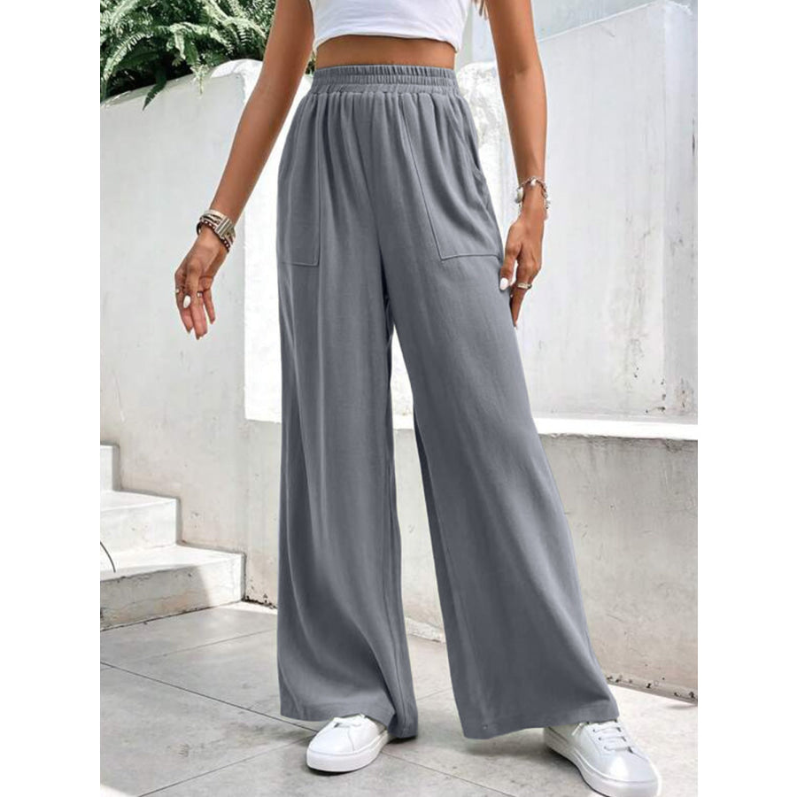 High Waist Wide Leg Pants with Pockets Apparel and Accessories