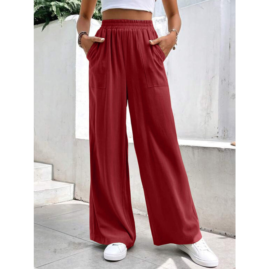 High Waist Wide Leg Pants with Pockets Apparel and Accessories