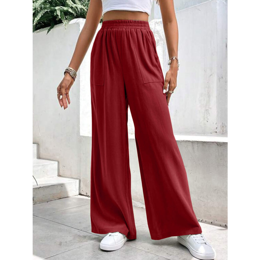 High Waist Wide Leg Pants with Pockets Burgundy / S Apparel and Accessories