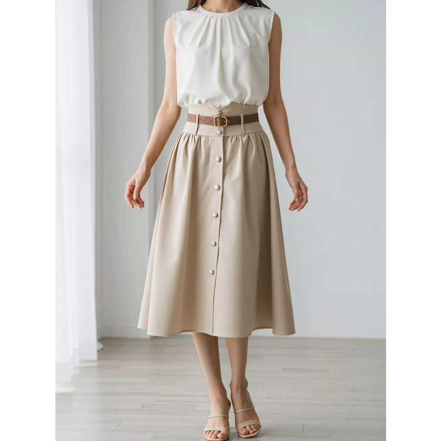 High-Waisted A-Line Midi Skirt Apricot / S Apparel and Accessories