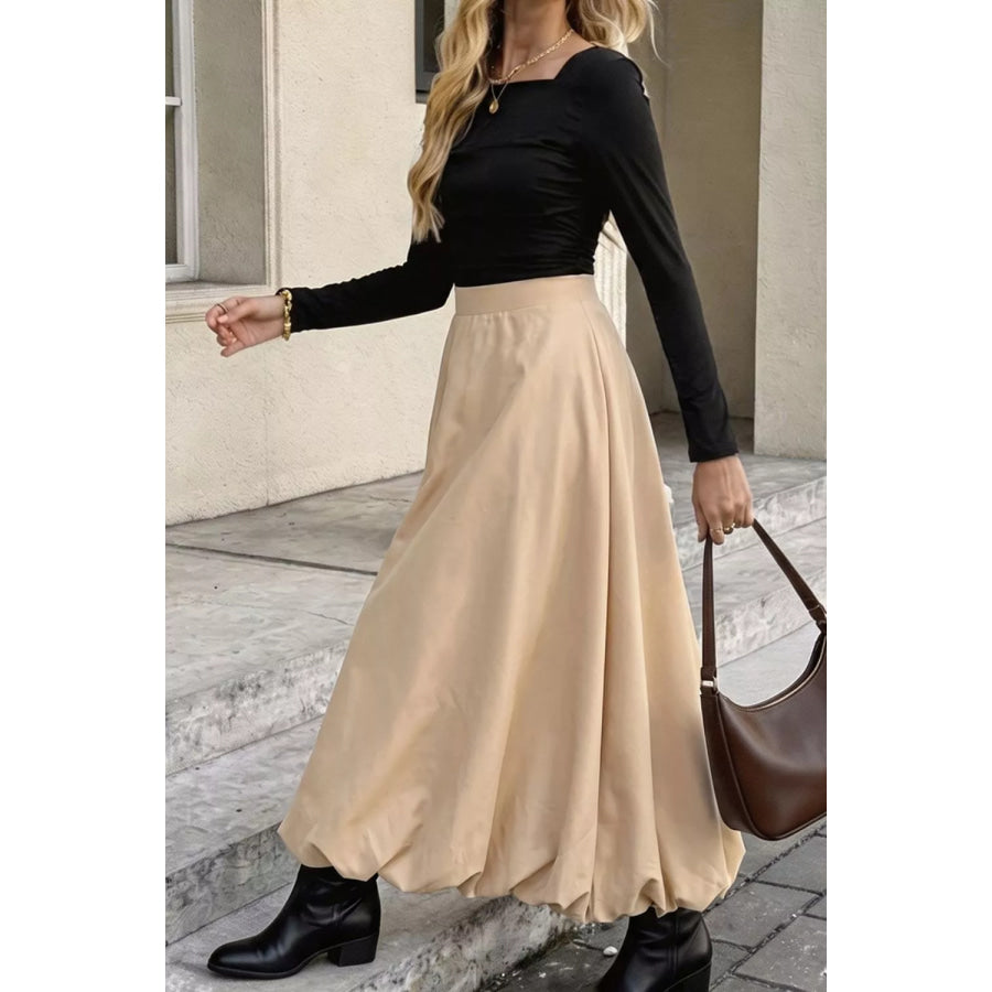 High-Waisted A-Line Midi Skirt Tan / S Apparel and Accessories