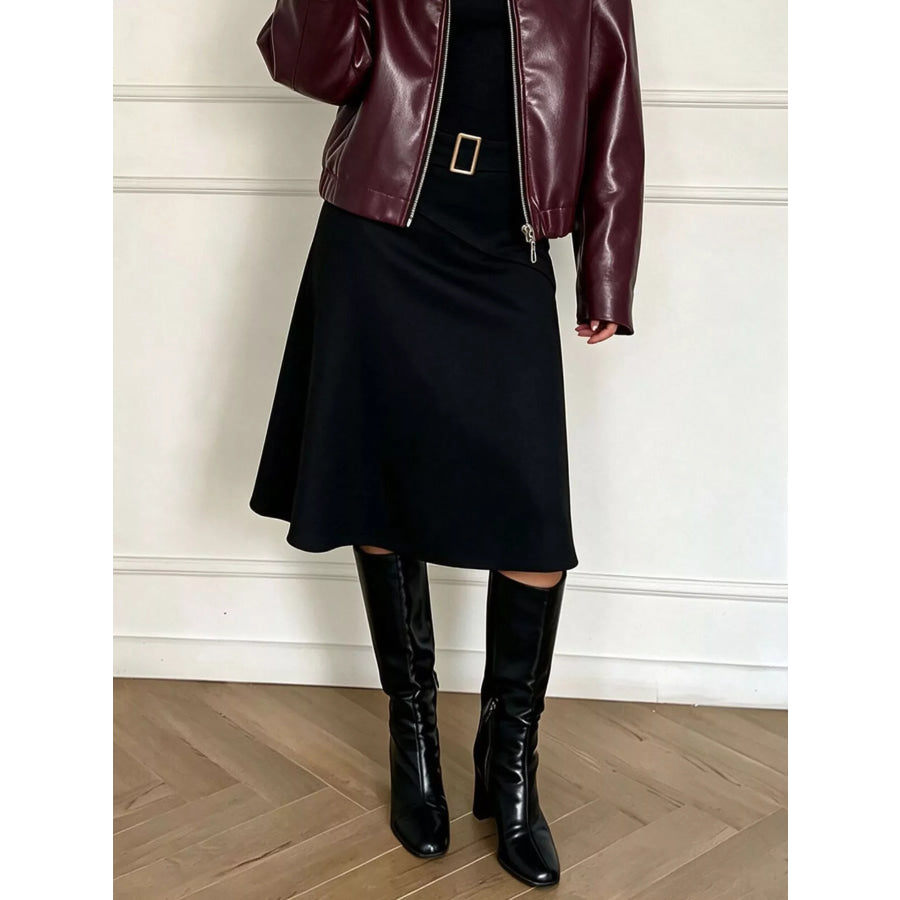 High-Waisted A-Line Midi Skirt with Belted Detail