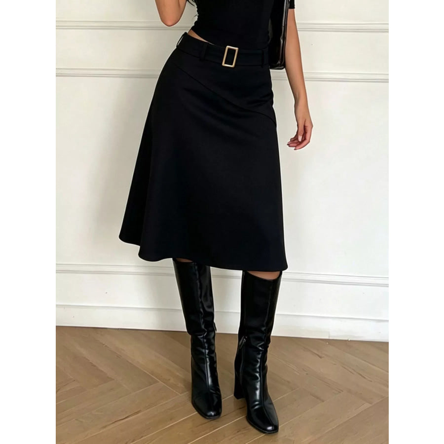 High-Waisted A-Line Midi Skirt with Belted Detail