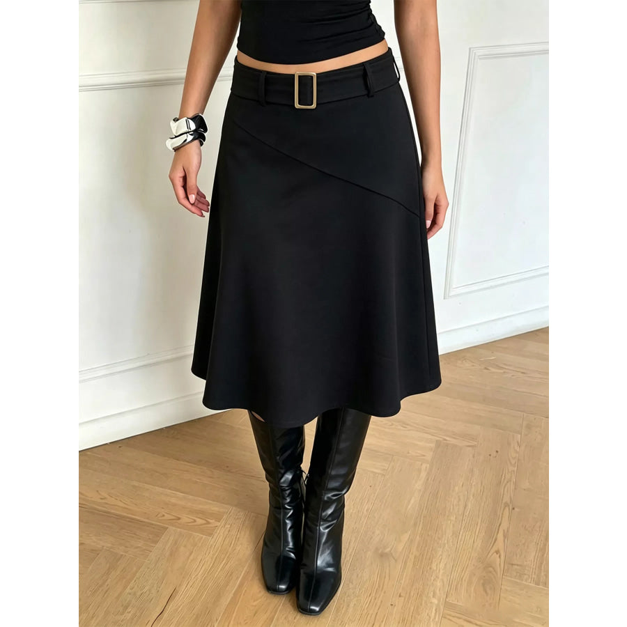 High-Waisted A-Line Midi Skirt with Belted Detail