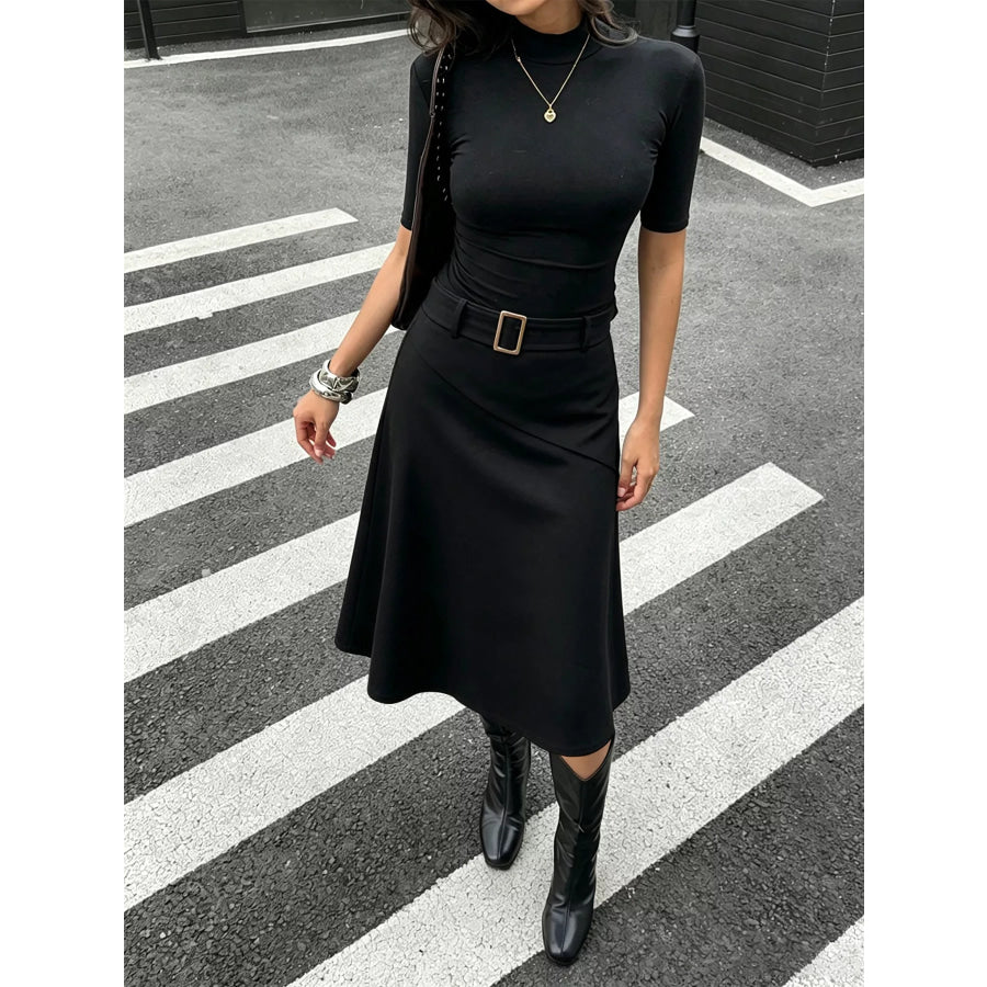 High-Waisted A-Line Midi Skirt with Belted Detail