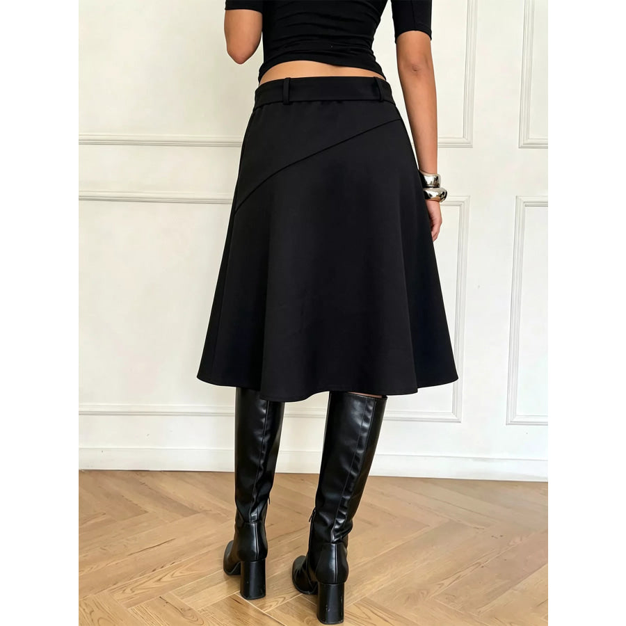 High-Waisted A-Line Midi Skirt with Belted Detail